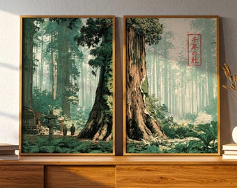 Japanese Wall Art Set of 2 Forest Prints, Japandi Wabi Sabi Diptych, Anime Style Cedar Woodblock Poster, Sage Green Zen Living Room Decor