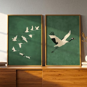 Japanese Crane Print Set of 2 Posters, Red-Crowned Crane Wall Art, Zen Minimalist Decor, Moss Green Office Art, Asian Inspired Gift