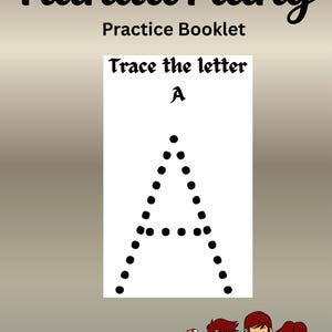 May include: A handwriting practice booklet titled "Handwriting". The image shows the text "Trace the letter A" with a dotted outline of the letter A. The bottom of the image includes the text "Ages 4-10", "Trace the A-Z Alphabets", and "Beginner Friendly".