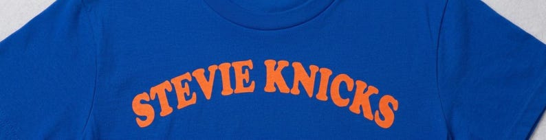 May include: A royal blue short-sleeved t-shirt featuring the text STEVIE KNICKS printed in a bold, arched orange font across the chest. The garment has a standard crew neckline and a smooth, solid-colored fabric construction throughout the front.