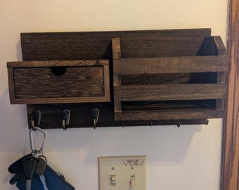 Soporte de pared de madera para llaves con cajón, organizador de correo, estante de entrada con 7 ganchos.