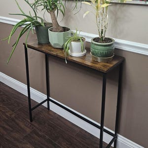 Puede incluir: Una consola estrecha y rectangular con una tapa de vetas de madera oscura y patas de metal negro. Varias plantas en macetas de diferentes tamaños y formas se encuentran sobre la mesa. Las plantas incluyen una palmera cola de caballo, una planta de serpiente y otras plantas verdes.
