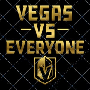 May include: A graphic design featuring the gold text VEGAS VS EVERYONE in a bold, block font against a black background. Below the text is a gold shield emblem containing a stylized knight helmet. A thin, dark blue grid pattern overlays the image.