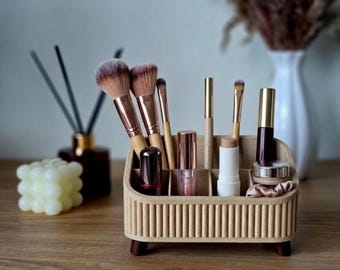 Minimalist Japandi Makeup Organizer | Ribbed Aesthetic Desk Caddy | Fluted Cosmetic Storage | Modern Vanity Decor | Gift for Her | Boho Home