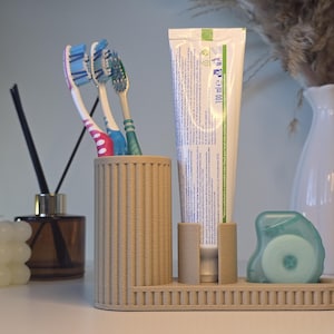 Modern Fluted Toothbrush Holder & Toothpaste Organizer | 3D Printed Minimalist Bathroom Caddy | Handmade Bathroom Decor