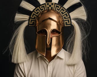 Capacete Coríntio Espartano da Grécia Antiga com Crista de Crina de Cavalo, Feito à Mão em Bronze | Réplica de Armadura Medieval | LARP e Colecionável