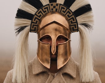 Leonidas Corinthian Spartan Helmet – Ancient Greek Warrior Bronze Armour with Black & White Horsehair Crest Handcrafted Medieval Spartan