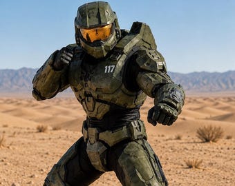 Può includere: Un action figure in armatura verde con visiera dorata e il numero 117 stampato sul petto. La figura è in posizione di combattimento con i pugni chiusi, indossando un'armatura segmentata dettagliata sopra una tuta nera su un terreno desertico.