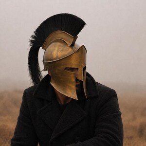 May include: A gold-coloured Spartan helmet with a black plume, worn with a black coat. The helmet has a classic design with a prominent crest. The person is sitting on a rock in a field with dry grass, with a foggy background.