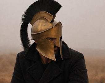 Spartan Hoplite Battle Helmet – Ancient Greek Corinthian Warrior Armour with Black Plume Crest | Premium Medieval Militaria Collectible Helm