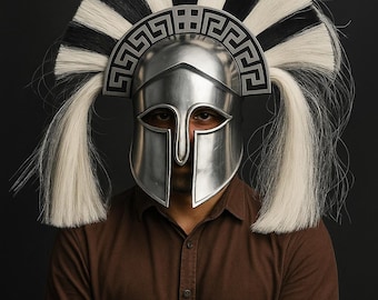 Polished Corinthian Helmet with Black & White Horsehair Crest – Ancient Greek Warrior Armour Replica