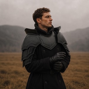 May include: A black coat featuring structured shoulder pauldrons and a high collar, paired with black leather gloves. The garment displays a layered armour-like design on the shoulders and chest, constructed with smooth, dark, matte-finished panels.