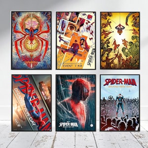 May include: Six framed rectangular posters featuring Spider-Man in various artistic styles. The collection includes dynamic action scenes, comic book panels, and cinematic imagery with the text Spider-Man Brand New Day visible on several of the prints.