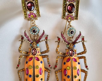 Orecchini a scarabeo di Heidi Daus, multicolore arancioni, lunghi pendenti, rari, originali, straordinari