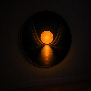 May include: A circular wall art piece featuring a glowing orange sphere centered above a reflective path that leads into a dark, tunnel-like structure. The artwork uses deep black shadows and warm amber light to create a sense of depth and perspective.