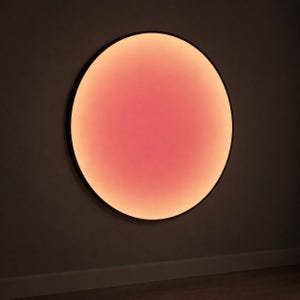 Puede incluir: Una lámpara de pared circular con un marco negro fino. El centro emite un degradado de luz suave y brillante que transita desde un rosa cálido y profundo en el medio hacia un tono naranja pálido y claro en los bordes exteriores del círculo.