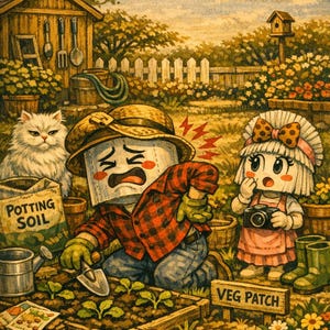 May include: A cartoon illustration of a character with a toilet paper roll head wearing a straw hat and red plaid shirt, kneeling in a garden with a trowel. A second character with a white bob haircut and pink dress holds a camera nearby.