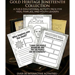 Pode incluir: Um conjunto de páginas de atividades educativas com o título "GOLD HERITAGE JUNETEENTH COLLECTION". O pacote inclui páginas para colorir, mapas e sugestões de escrita. Uma página pergunta "Quem te inspira mais?".