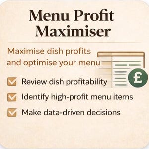 Peut inclure: Graphique beige avec le texte « Menu Profit Maximiser ». Il comprend les phrases « Maximiser les bénéfices des plats et optimiser votre menu » et trois puces : « Examiner la rentabilité des plats », « Identifier les éléments de menu à profit élevé » et « Prendre des décisions basées sur les données ».