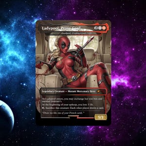 May include: A trading card featuring Ladypool, a red and black costumed character with a knife, seated in a vehicle. The card has a black border and includes text about the character's abilities. The background is a space scene with nebulae and planets.