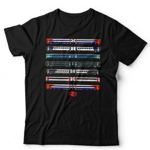 May include: A black short-sleeve t-shirt featuring a graphic print of seven rows of passenger train carriages in various colour schemes, including red, blue, white, and green, with a red double-arrow railway logo positioned below the trains.