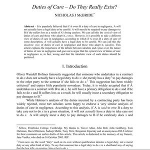 May include: A printed page from an academic article titled "Duties of Care - Do They Really Exist?" by Nicholas J McBride. The text is black on a white background, with sections like "Abstract" and "Introduction".