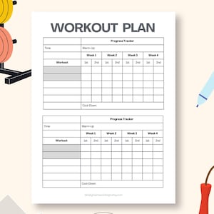 May include: A printed workout plan template featuring two identical progress tracker tables with columns for weeks one through four and rows for workout, warm-up, and cool-down sections. The document includes a weight rack, a pen, and a jump rope.