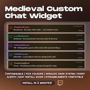 May include: A promotional graphic for a Medieval Custom Chat Widget. The image features a dark brown background with text and colour-coded chat roles like "KingdomKeeper" and "LordModerator." Additional text includes "Customisable" and "Install in 2 Minutes!"