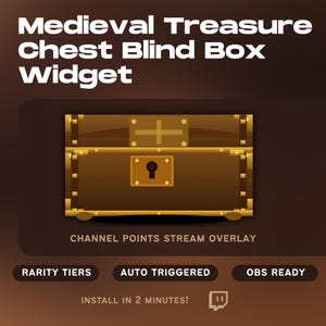 May include: A digital graphic of a medieval treasure chest blind box widget. The chest is brown with gold accents, a keyhole, and a cross design. Text includes "Medieval Treasure Chest Blind Box Widget" and "Channel Points Stream Overlay."