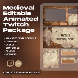 May include: A Medieval-themed Twitch package with animated wait screens, overlays, labels, chat boxes, panels, and headers. The design features a parchment map and wooden textures. The text includes "stream starting soon" and "Let's Chat."