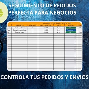 May include: A digital spreadsheet with order tracking information. The text reads "SEGUIMIENTO DE PEDIDOS PERFECTA PARA NEGOCIOS" and "CONTROLA TUS PEDIDOS Y ENVIOS". A clock and a truck icon are also present.