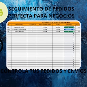 Puede incluir: Una plantilla digital de seguimiento de pedidos con fondo azul. El texto dice "SEGUIMIENTO DE PEDIDOS PERFECTA PARA NEGOCIOS" y "CONTROLA TUS PEDIDOS Y ENVIOS". La plantilla incluye una tabla con detalles del producto.