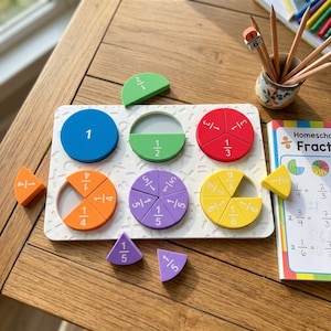 Può includere: Un puzzle educativo bianco sulle frazioni con pezzi circolari colorati che rappresentano segmenti interi, metà, terzi, quarti, quinti e sesti. Ogni pezzo è etichettato con la frazione corrispondente. Un quaderno di esercizi è visibile accanto.
