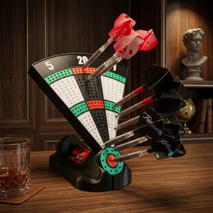 May include: A black dartboard stand shaped like a fan segment with white, green, and red scoring sections labelled 5, 20, and 1. The stand holds several darts with red flights in the upper section and black flights in the lower section.