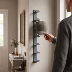 Op de afbeelding: Een verticale wand-hoedenrek van matgrijs metaal, voorzien van zes gebogen haken in een kolom. Een effen grijze honkbalpet hangt aan een van de haken, wat het functionele ontwerp voor het organiseren van hoofddeksels laat zien.