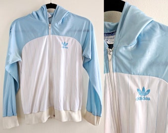 Baby Blue and White 80s Adidas Jacket with Pinstripes and Hood