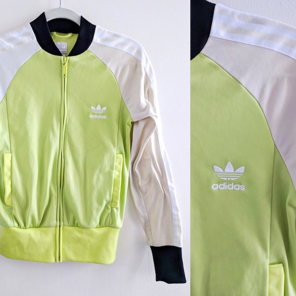 Pastel Neon Green and White Adidas Track Jacket with Black Ringer and Tan Color Blocks