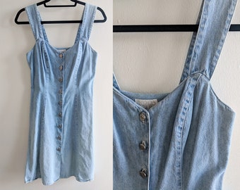 90s Light Denim Mini Dress by Moda International Super Cute and Flirty Light Blue Denim Button Up