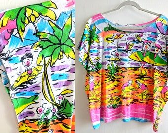 Crazy Neon 80s Beach Print Shirt Boxy Semi-Cropped Cut