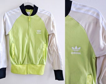 Pastel Neon Green and White Adidas Track Jacket with Black Ringer and Tan Color Blocks