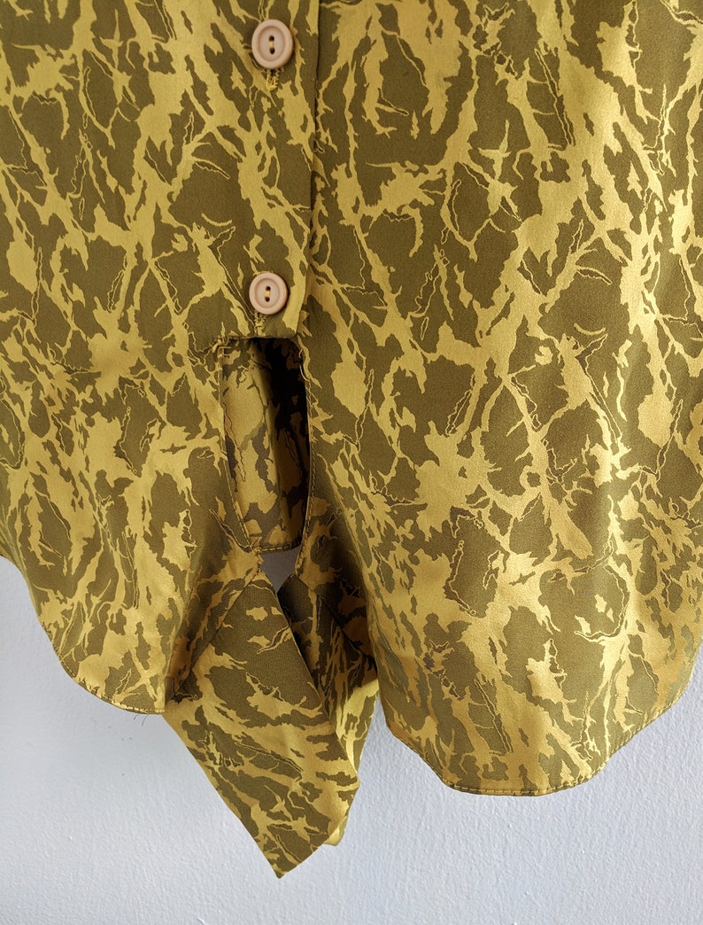 Beautiful Silky Mustard Camo Print 80s Blouse with Shoulder Pads and Ties at Waist