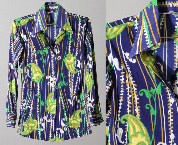 Beautiful Vivid Colorful 70s Patterned Button Up … - image 1