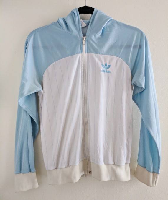 Baby Blue and White 80s Adidas Jacket with Pinstripes and Hood