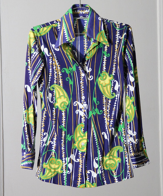 Beautiful Vivid Colorful 70s Patterned Button Up … - image 2