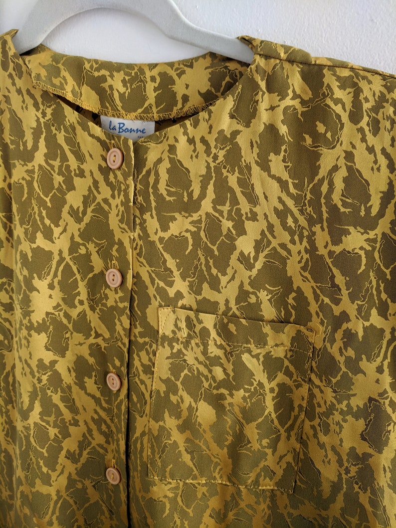 Beautiful Silky Mustard Camo Print 80s Blouse with Shoulder Pads and Ties at Waist