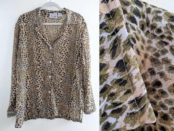Sheer Leopard Print Collared Button Down 80s/90s … - image 1