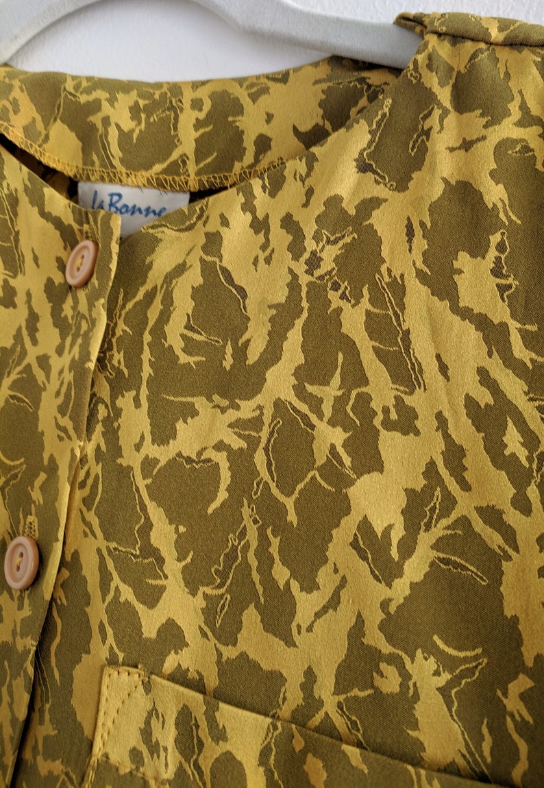 Beautiful Silky Mustard Camo Print 80s Blouse with Shoulder Pads and Ties at Waist