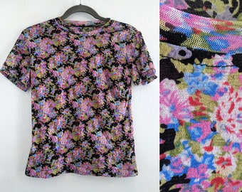 90s Stretchy Floral Print Mesh T-Shirt