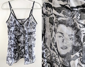 Marilyn Monroe Sheer Newsprint Photo Print Strappy Mesh Tank Top Teddy