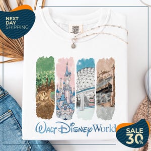 The image is an advertisement for a Disney World t-shirt, featuring a collage of four different scenes from the Disney theme park.